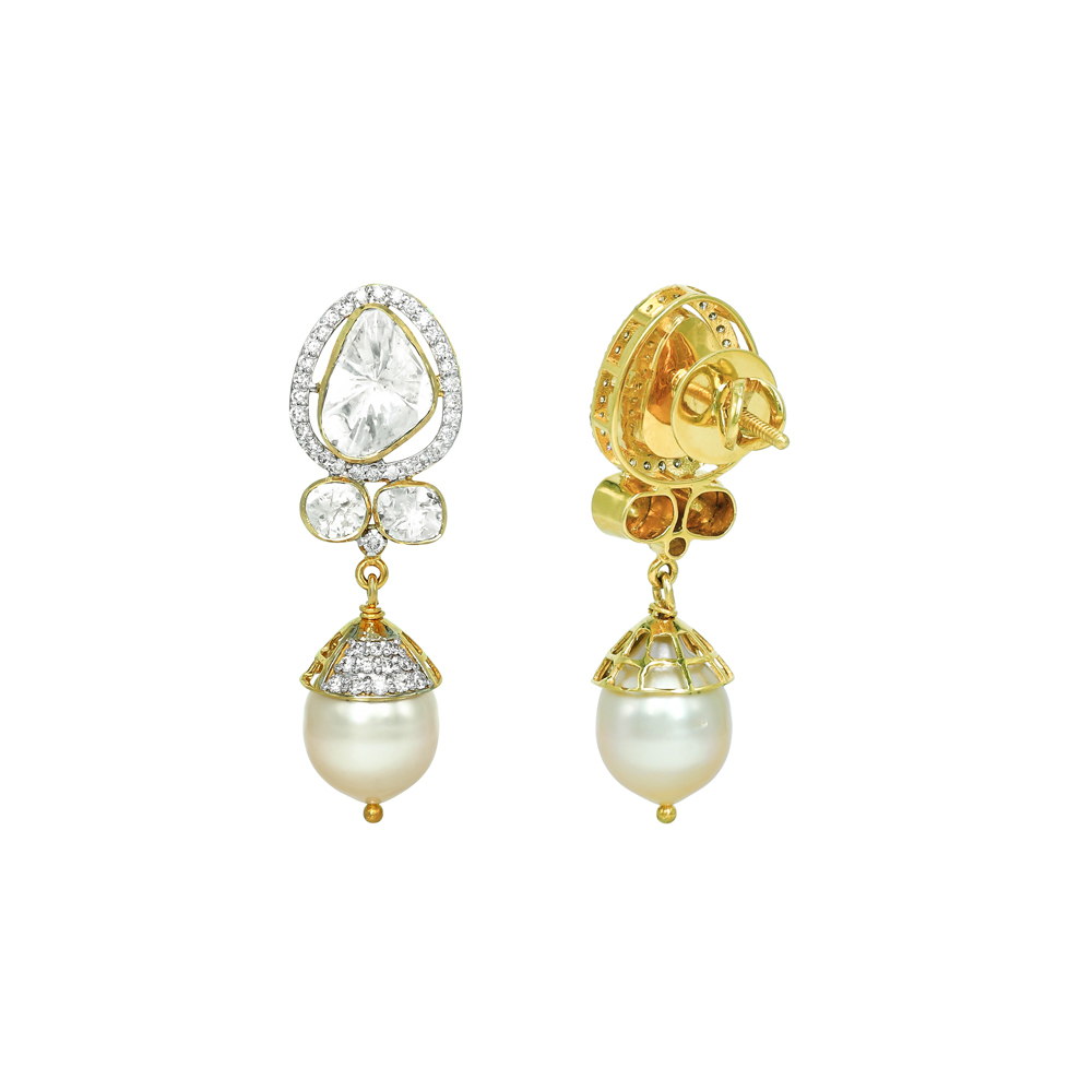 Teardrop Polki Earrings with Diamonds and Pearl Drop